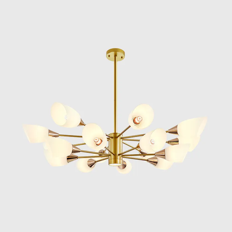 16-Bulb Post Modern Chandelier with Frosted Glass Shade and Gold Floral Design - Hanging Ceiling Lamp