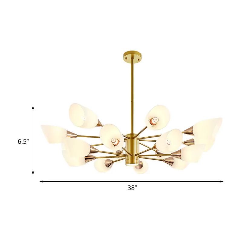 16-Bulb Post Modern Chandelier with Frosted Glass Shade and Gold Floral Design - Hanging Ceiling Lamp