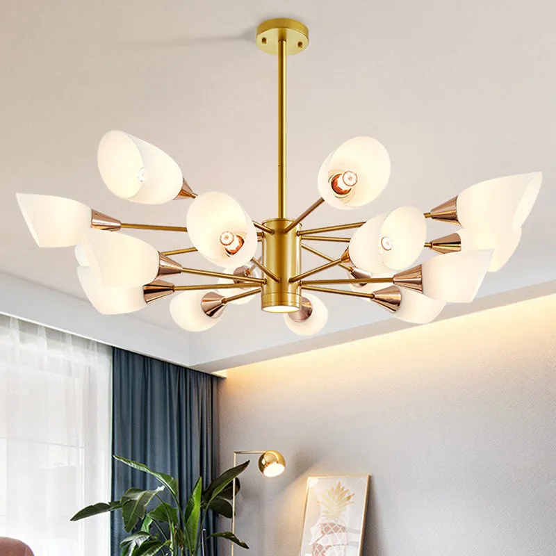 16-Bulb Post Modern Chandelier with Frosted Glass Shade and Gold Floral Design - Hanging Ceiling Lamp