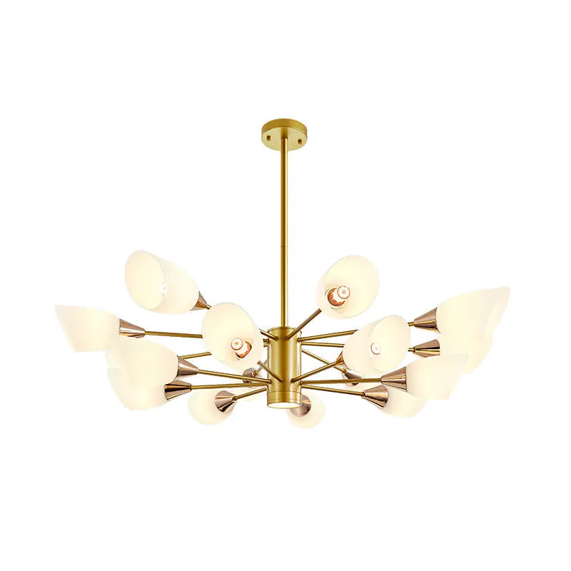 16-Bulb Post Modern Chandelier with Frosted Glass Shade and Gold Floral Design - Hanging Ceiling Lamp