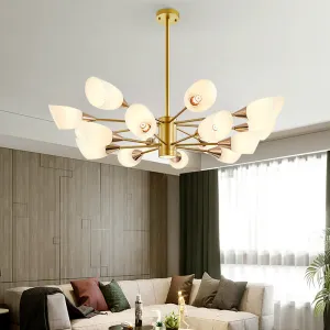 16-Bulb Post Modern Chandelier with Frosted Glass Shade and Gold Floral Design - Hanging Ceiling Lamp