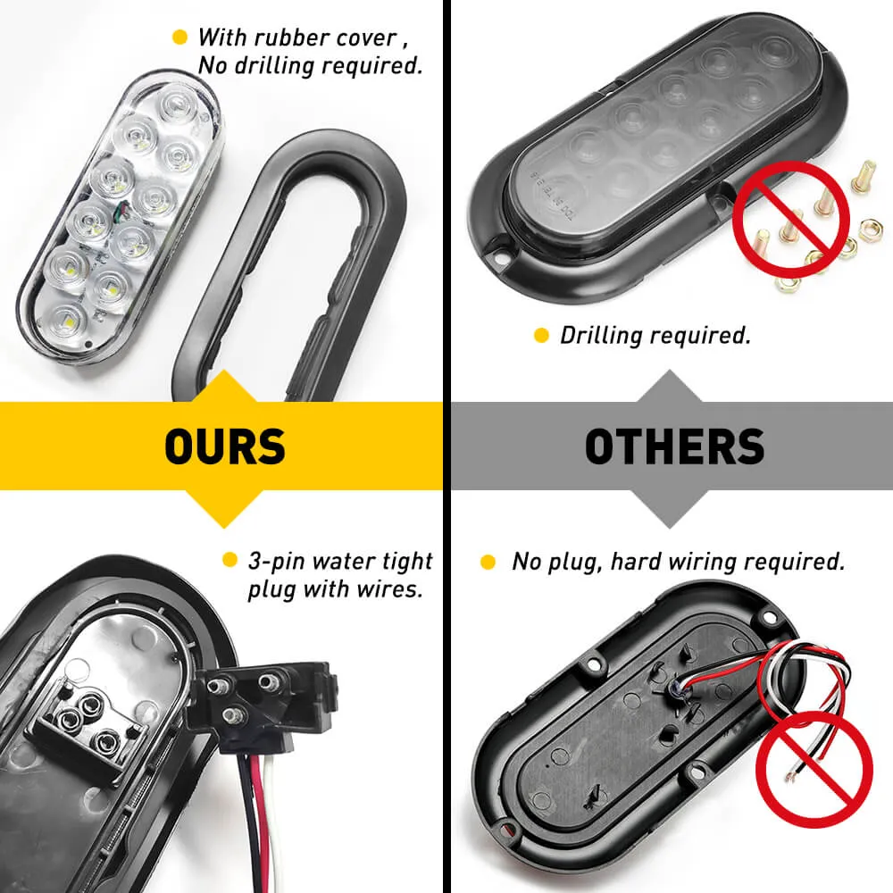 6inch 10 LED Oval Tail Lights Kit Including 3-pin Waterproof Plug Rear Reverse Brake Lights