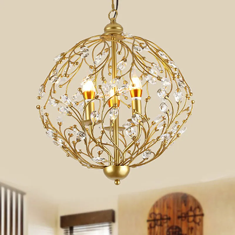 Antique Crystal Globe Chandelier - Elegant 3-Light Ceiling Fixture for Dining Room
