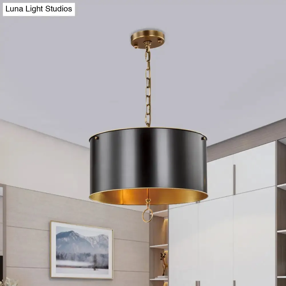 Black Pendant Light Kit with Metallic Drum Shade for Living Room - Traditional Hanging Lamp