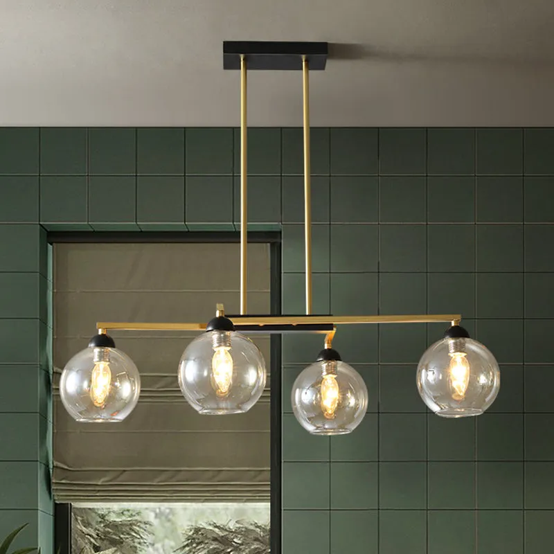 Brass 4-Light Simple Chandelier with Clear Glass Shades - Linear Dining Room Down Lighting