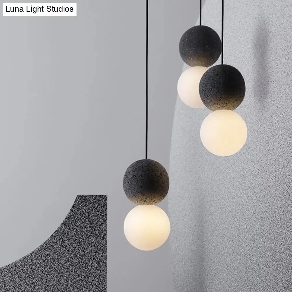 Cement Twin Ball Ceiling Pendant Lamp - Postmodernist Design - Black with Opal Glass Shade