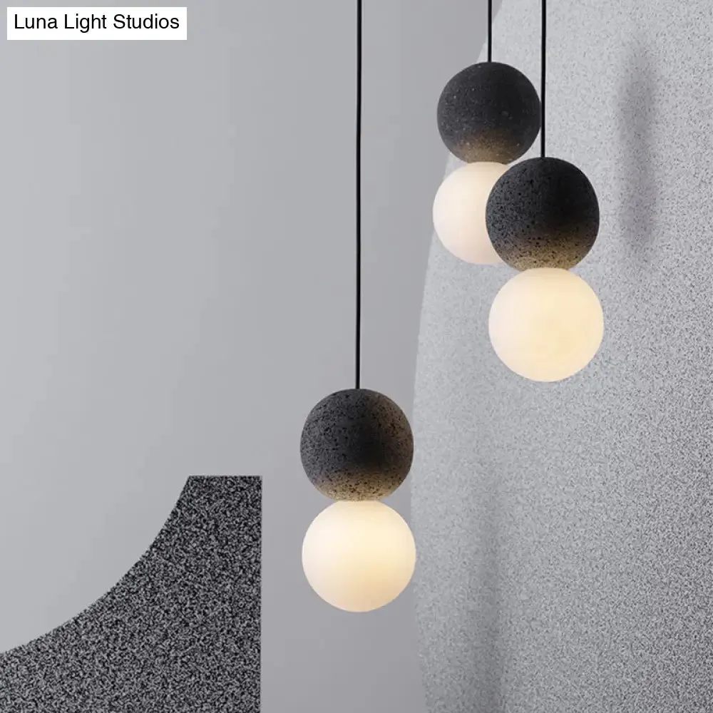Cement Twin Ball Ceiling Pendant Lamp - Postmodernist Design - Black with Opal Glass Shade
