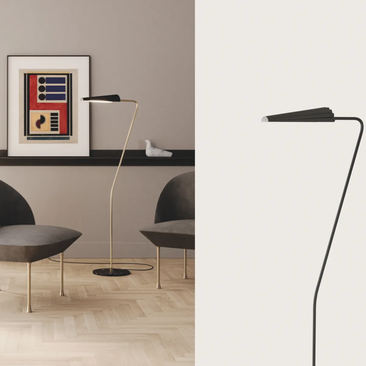 Contemporary Black Metal and Marble Floor Lamp