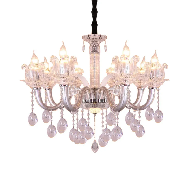 Contemporary Crystal Drop Candelabra Pendant Chandelier - Silver, 6/8 Heads, 23.5"/31.5" Wide