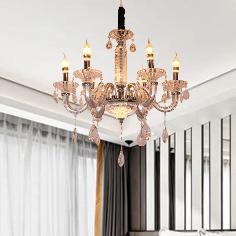 Contemporary Crystal Drop Candelabra Pendant Chandelier - Silver, 6/8 Heads, 23.5"/31.5" Wide