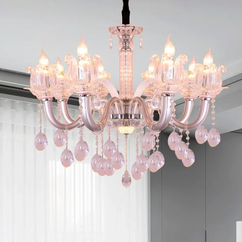 Contemporary Crystal Drop Candelabra Pendant Chandelier - Silver, 6/8 Heads, 23.5"/31.5" Wide