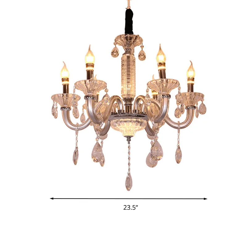 Contemporary Crystal Drop Candelabra Pendant Chandelier - Silver, 6/8 Heads, 23.5"/31.5" Wide