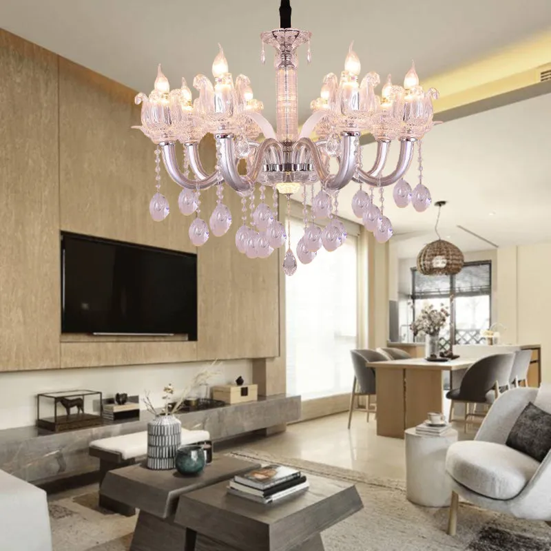 Contemporary Crystal Drop Candelabra Pendant Chandelier - Silver, 6/8 Heads, 23.5"/31.5" Wide