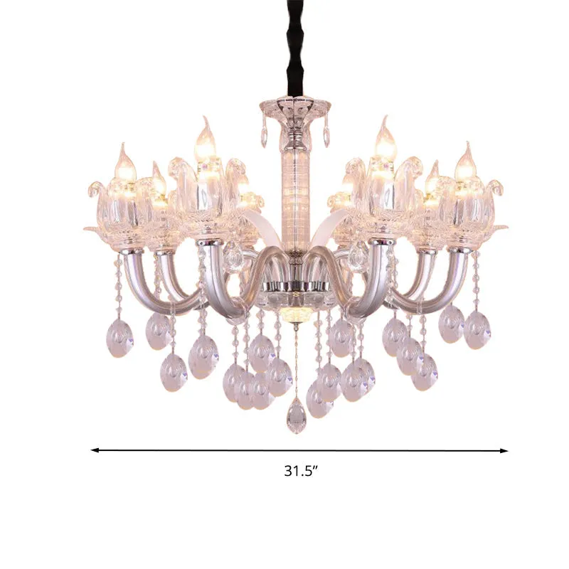 Contemporary Crystal Drop Candelabra Pendant Chandelier - Silver, 6/8 Heads, 23.5"/31.5" Wide