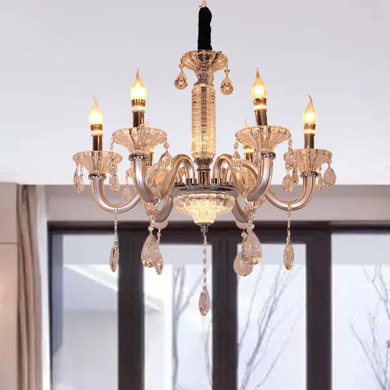 Contemporary Crystal Drop Candelabra Pendant Chandelier - Silver, 6/8 Heads, 23.5"/31.5" Wide