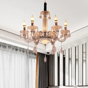 Contemporary Crystal Drop Candelabra Pendant Chandelier - Silver, 6/8 Heads, 23.5"/31.5" Wide
