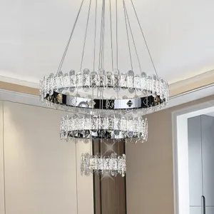 Contemporary LED Chrome Chandelier with Crystal Embellishments and 3-Tiered Circles