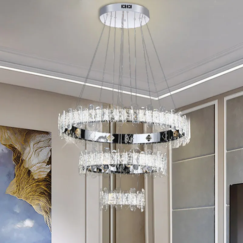 Contemporary LED Chrome Chandelier with Crystal Embellishments and 3-Tiered Circles