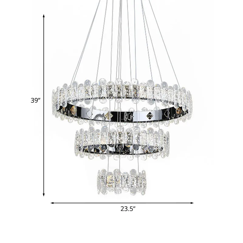 Contemporary LED Chrome Chandelier with Crystal Embellishments and 3-Tiered Circles