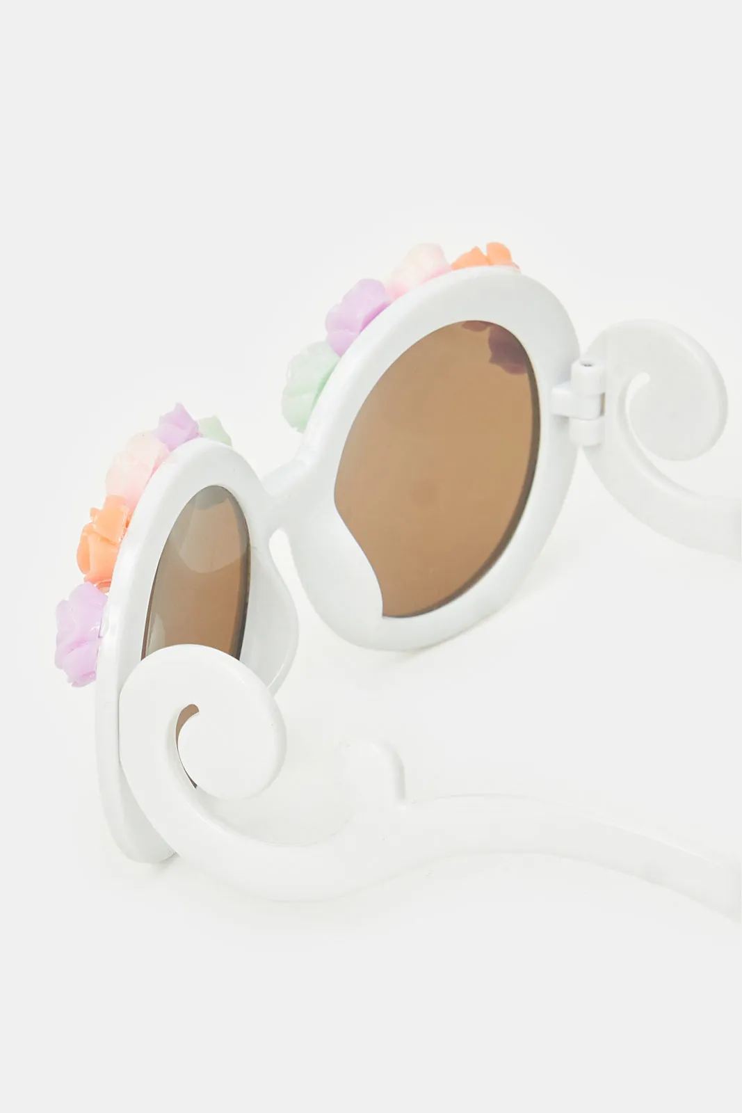Girls White Round Floral Embellished Sunglasses