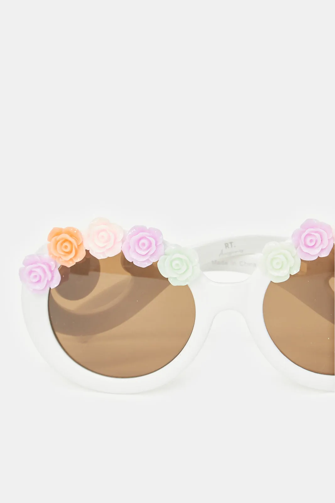 Girls White Round Floral Embellished Sunglasses