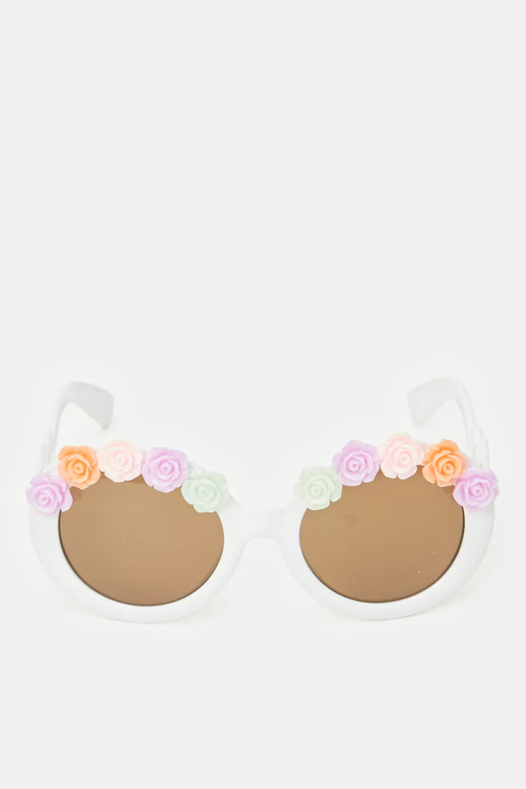 Girls White Round Floral Embellished Sunglasses
