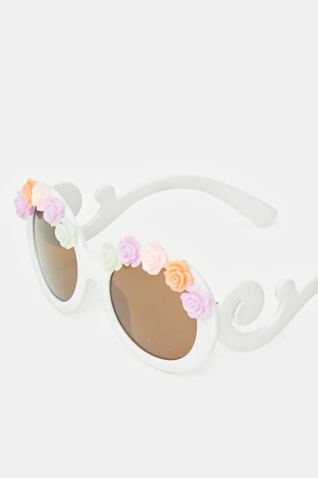Girls White Round Floral Embellished Sunglasses