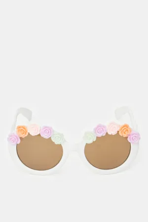 Girls White Round Floral Embellished Sunglasses