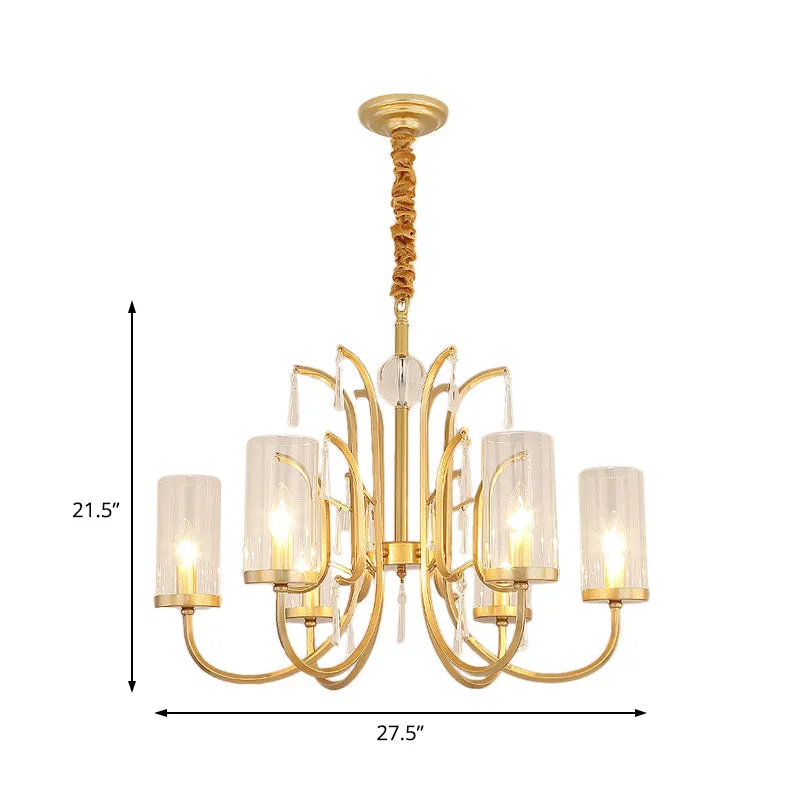 Gold Finish Modernism Clear Glass Cylinder Pendant Light Chandelier with Crystal Accents