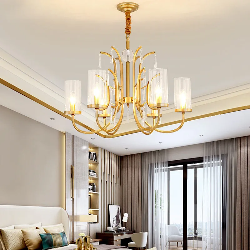 Gold Finish Modernism Clear Glass Cylinder Pendant Light Chandelier with Crystal Accents