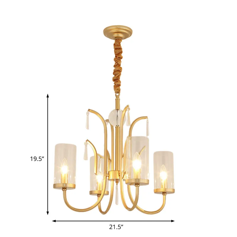 Gold Finish Modernism Clear Glass Cylinder Pendant Light Chandelier with Crystal Accents