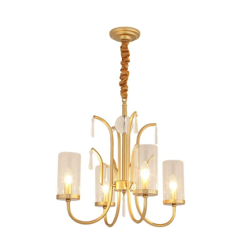 Gold Finish Modernism Clear Glass Cylinder Pendant Light Chandelier with Crystal Accents