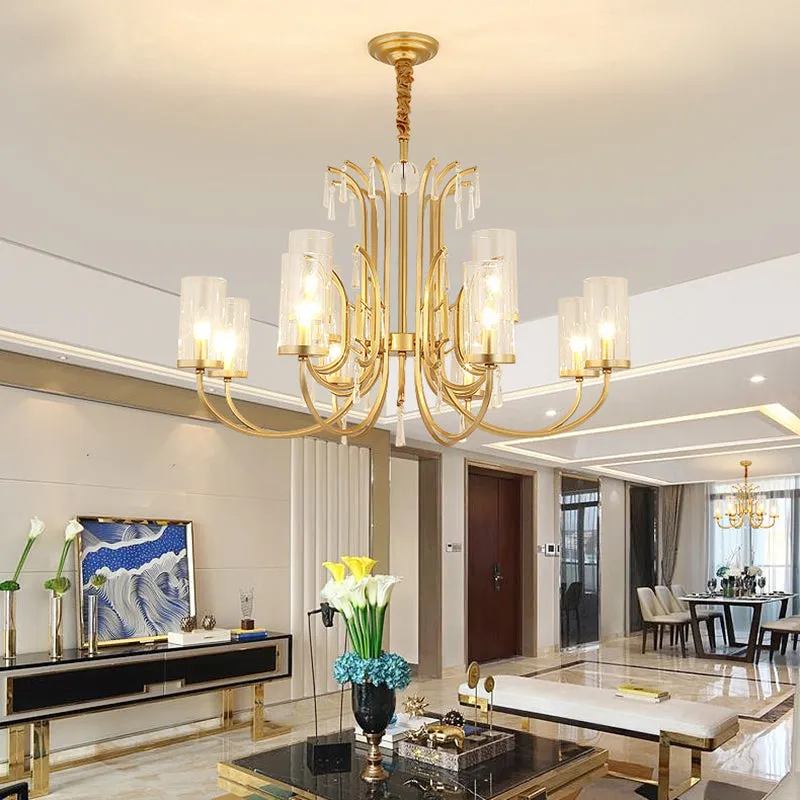 Gold Finish Modernism Clear Glass Cylinder Pendant Light Chandelier with Crystal Accents