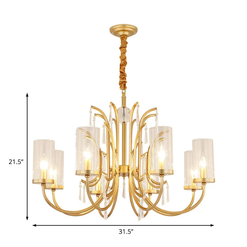Gold Finish Modernism Clear Glass Cylinder Pendant Light Chandelier with Crystal Accents