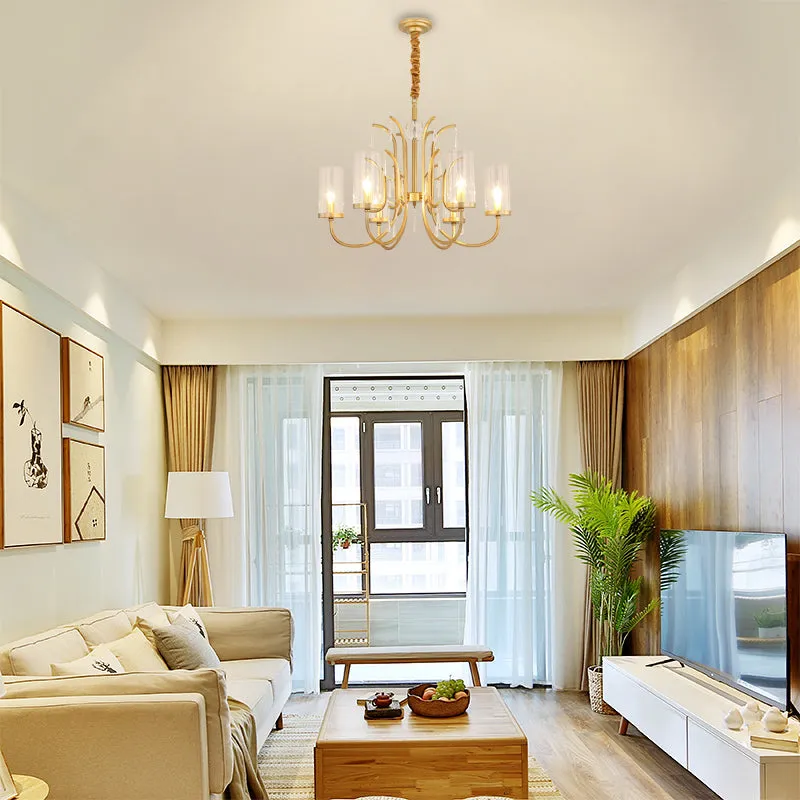 Gold Finish Modernism Clear Glass Cylinder Pendant Light Chandelier with Crystal Accents