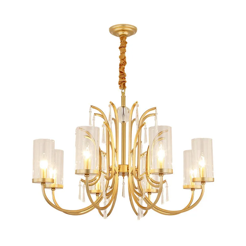 Gold Finish Modernism Clear Glass Cylinder Pendant Light Chandelier with Crystal Accents