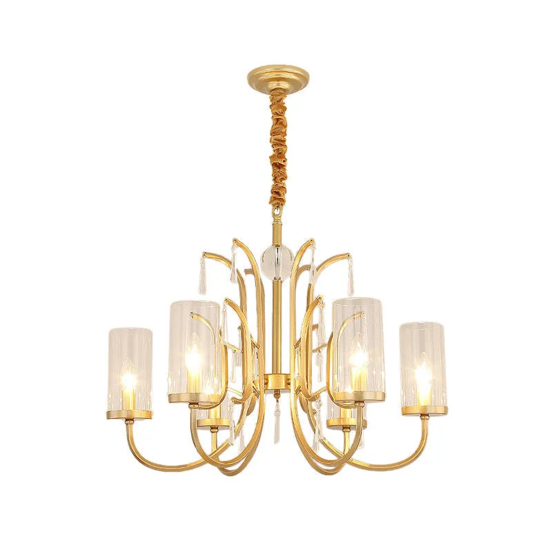 Gold Finish Modernism Clear Glass Cylinder Pendant Light Chandelier with Crystal Accents