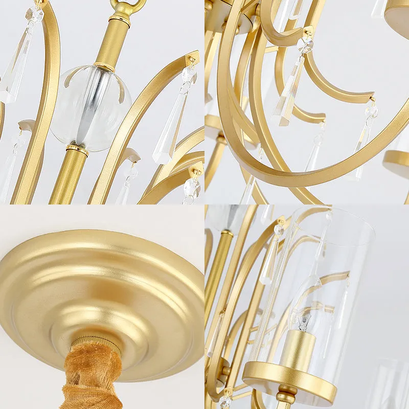 Gold Finish Modernism Clear Glass Cylinder Pendant Light Chandelier with Crystal Accents