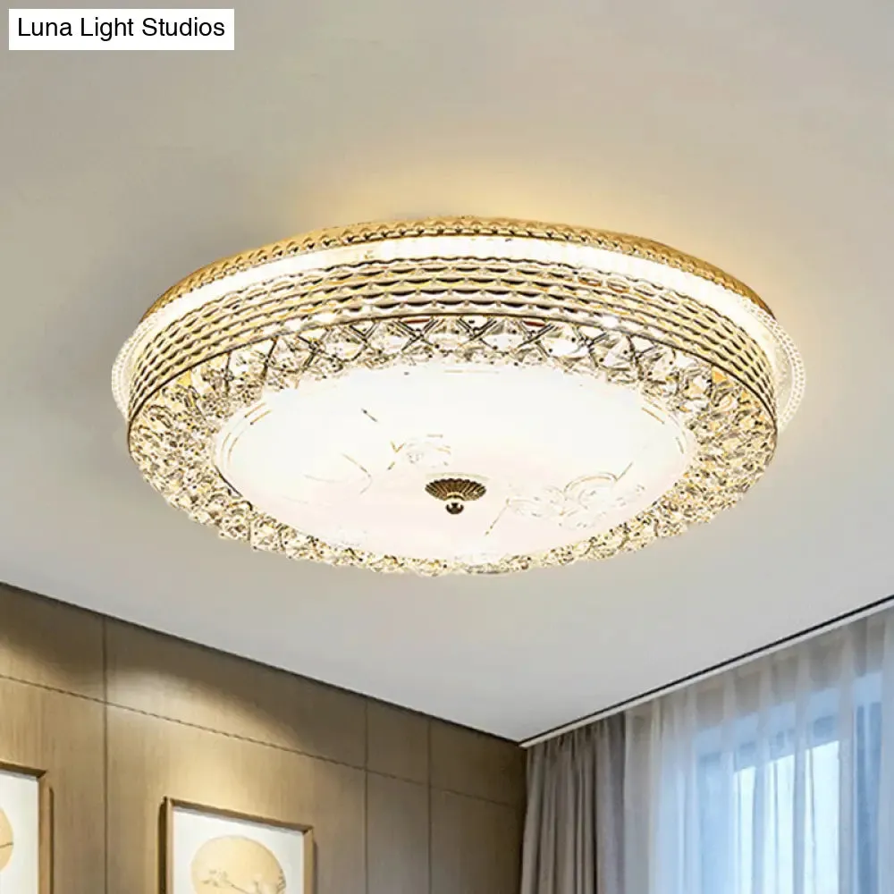 Gold Metal Flush Mount LED Ceiling Light with Crystal Accent and Opal Glass Shade
