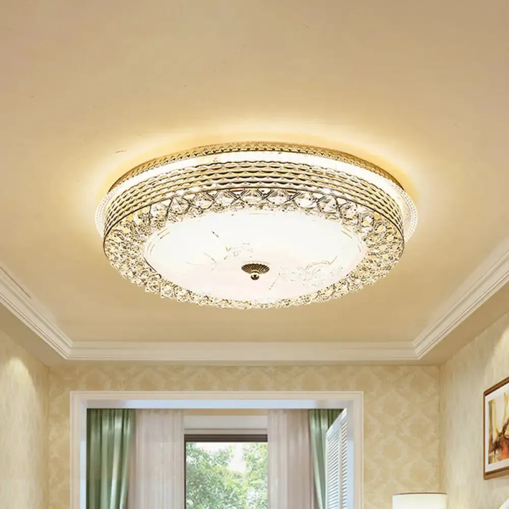Gold Metal Flush Mount LED Ceiling Light with Crystal Accent and Opal Glass Shade