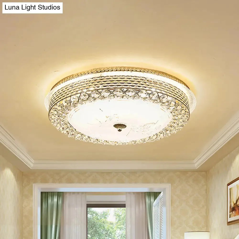 Gold Metal Flush Mount LED Ceiling Light with Crystal Accent and Opal Glass Shade