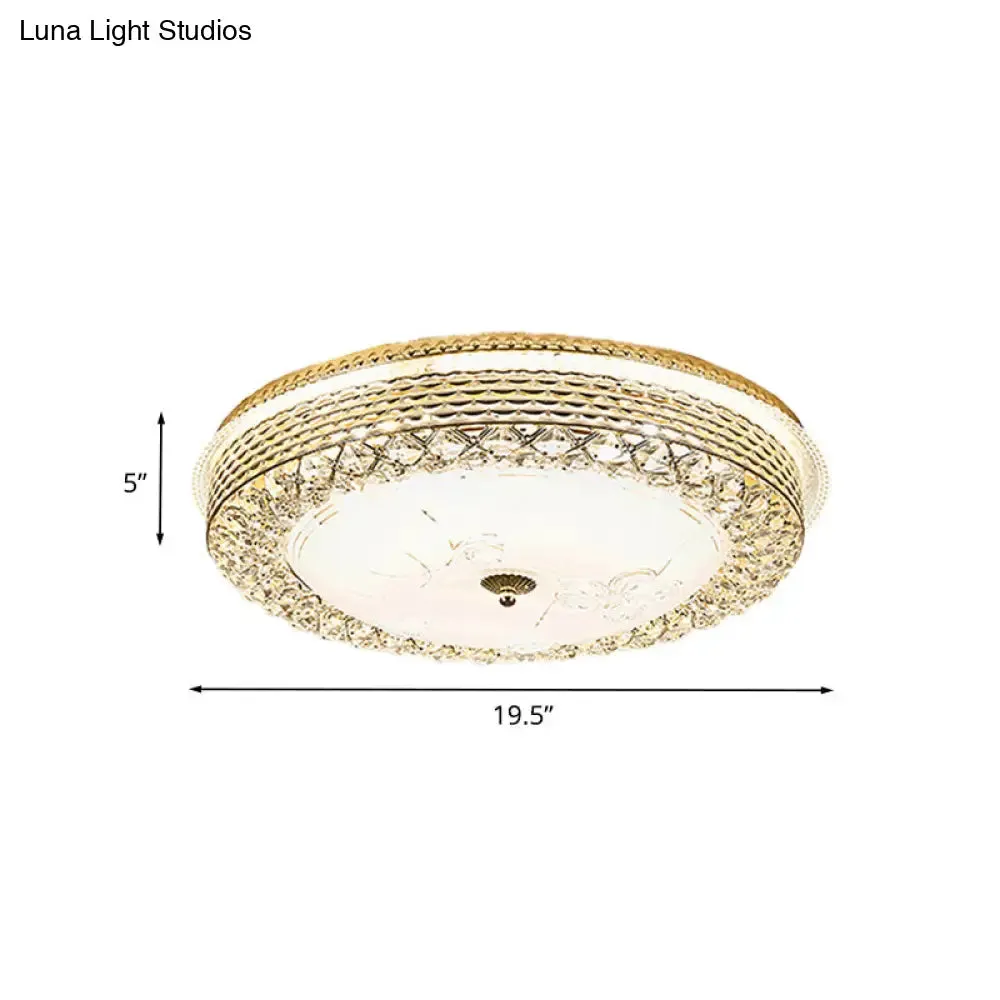Gold Metal Flush Mount LED Ceiling Light with Crystal Accent and Opal Glass Shade