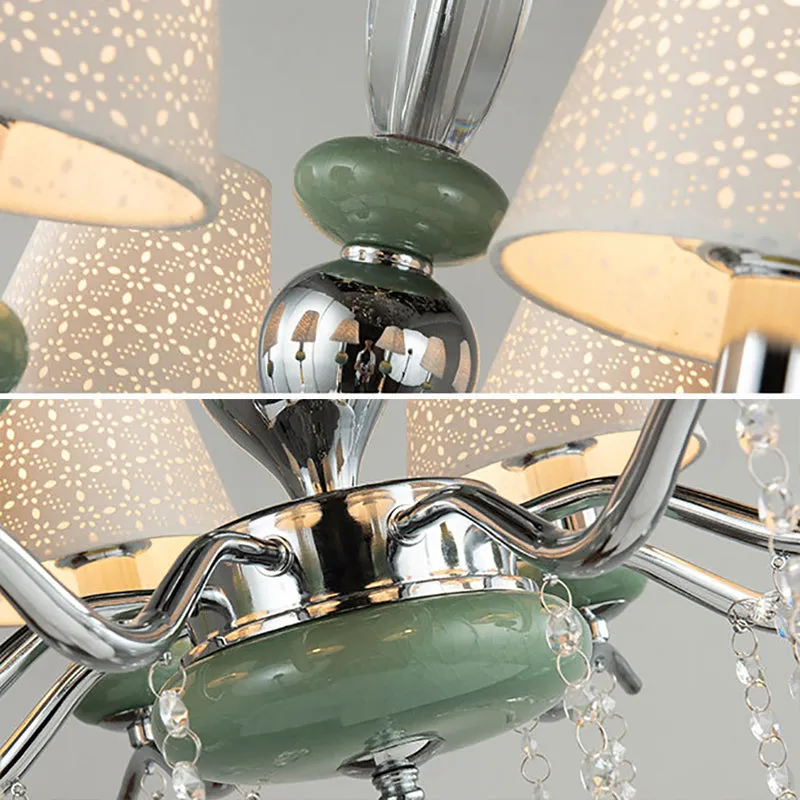 Green Nordic Cone Pendant Lamp with Crystal Drop - 8 Lights Chandelier for Bedroom