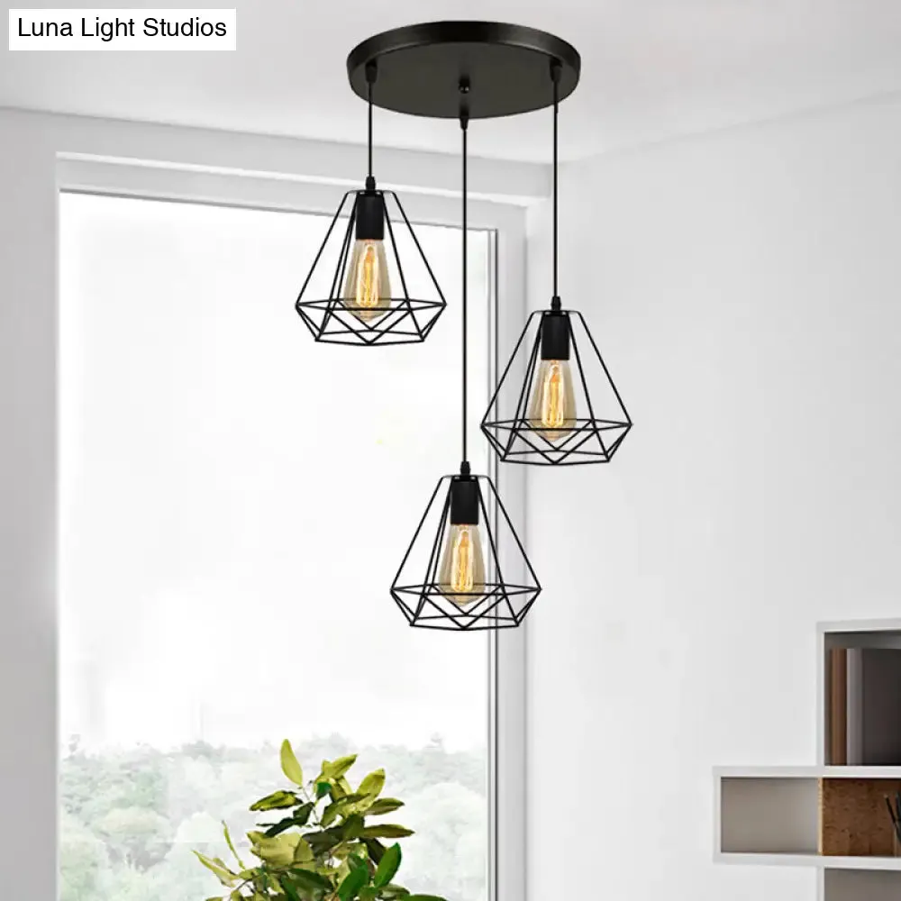 Industrial Metal Diamond Cage Pendant Light - Set of 3 Multi Hanging Lights for Restaurants