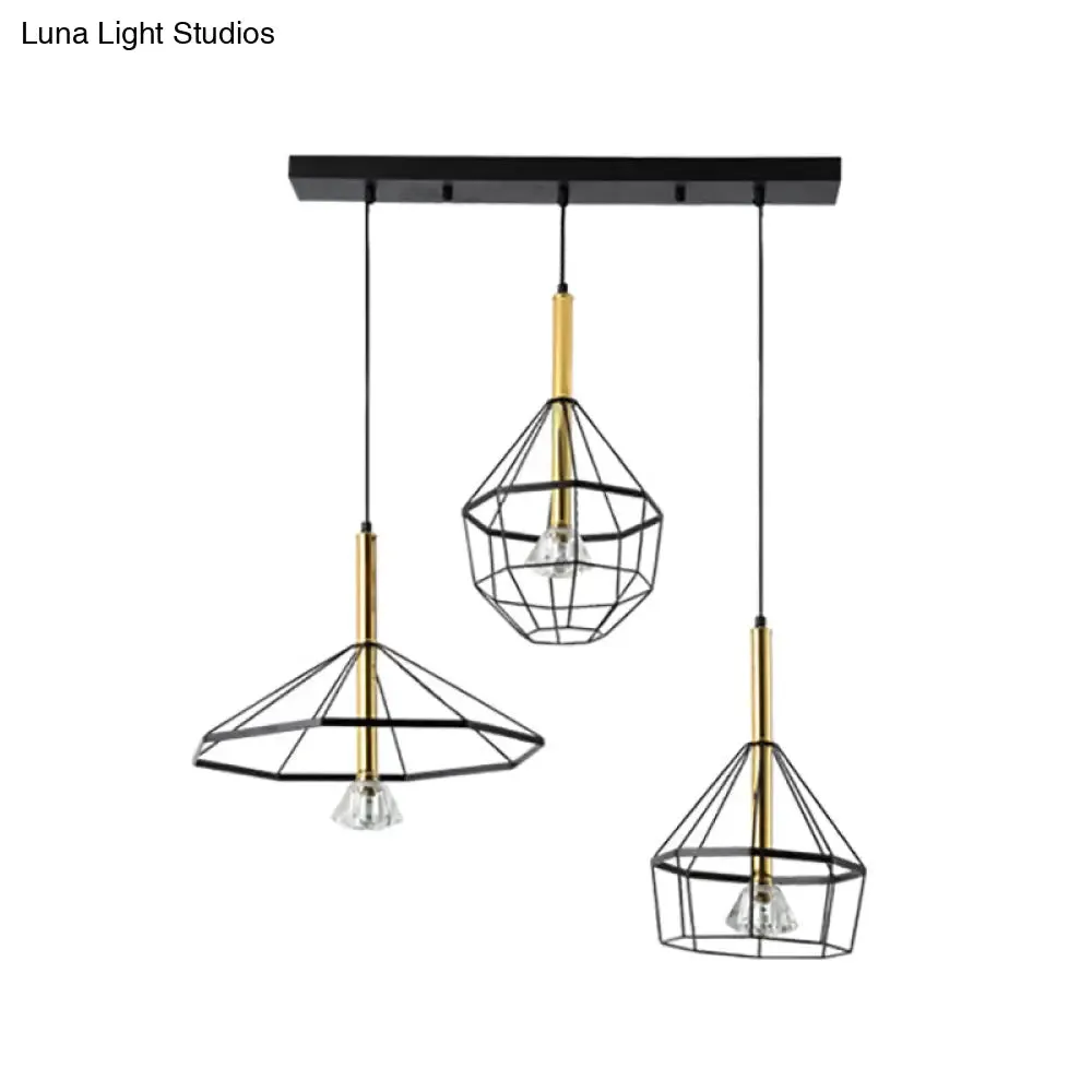 Industrial Wire Cage Pendant Ceiling Light with 3 Different Shade Lights - Black Metal Hanging