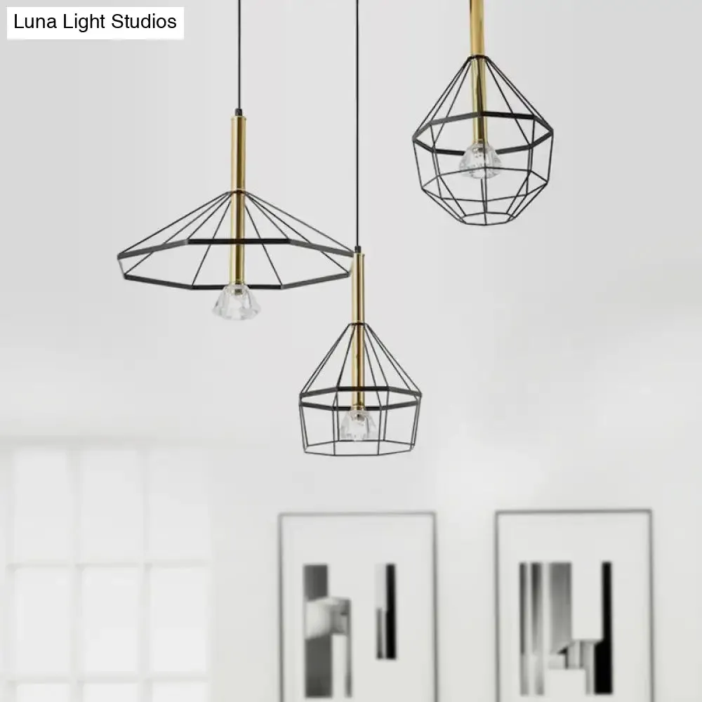 Industrial Wire Cage Pendant Ceiling Light with 3 Different Shade Lights - Black Metal Hanging