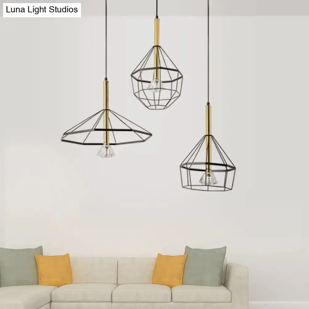 Industrial Wire Cage Pendant Ceiling Light with 3 Different Shade Lights - Black Metal Hanging