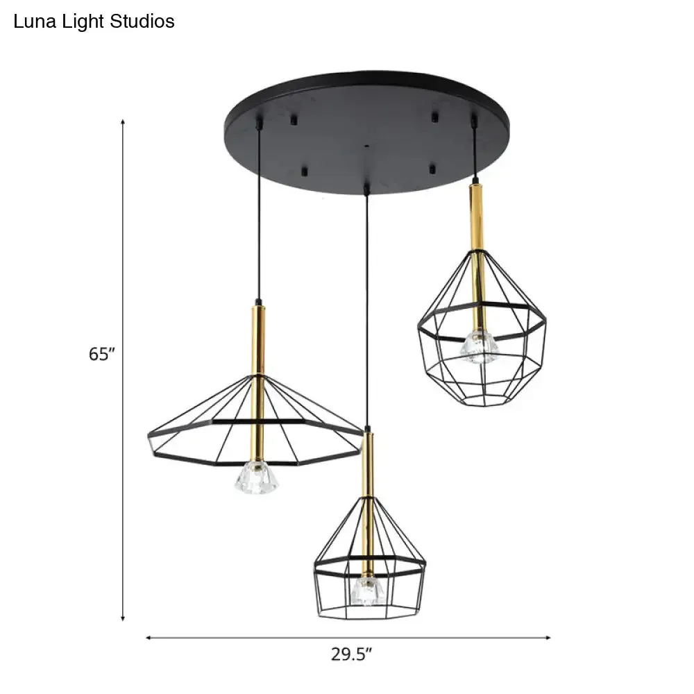 Industrial Wire Cage Pendant Ceiling Light with 3 Different Shade Lights - Black Metal Hanging