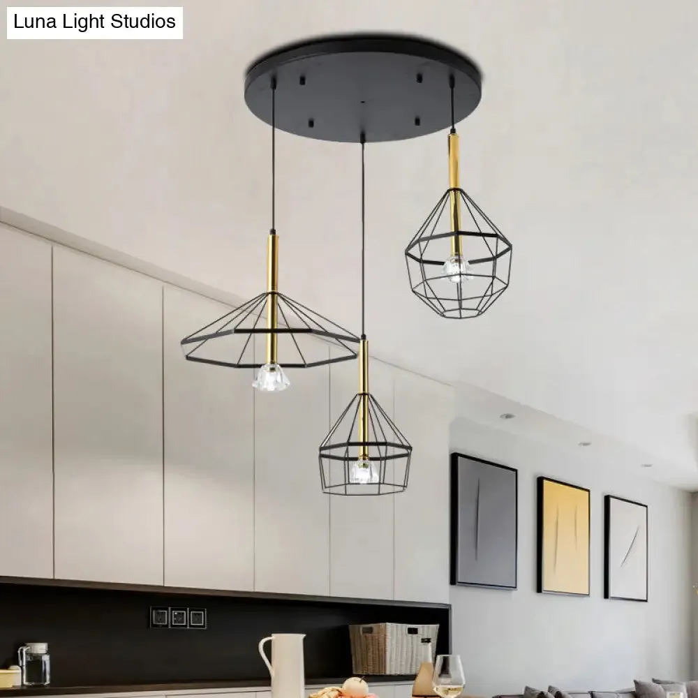 Industrial Wire Cage Pendant Ceiling Light with 3 Different Shade Lights - Black Metal Hanging