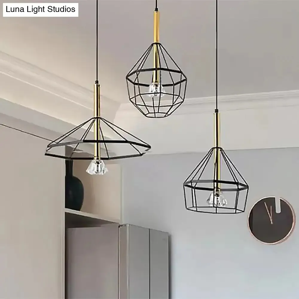 Industrial Wire Cage Pendant Ceiling Light with 3 Different Shade Lights - Black Metal Hanging